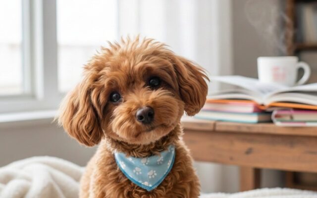 こちらを見つめる可愛いトイプードルの成犬（レッド）