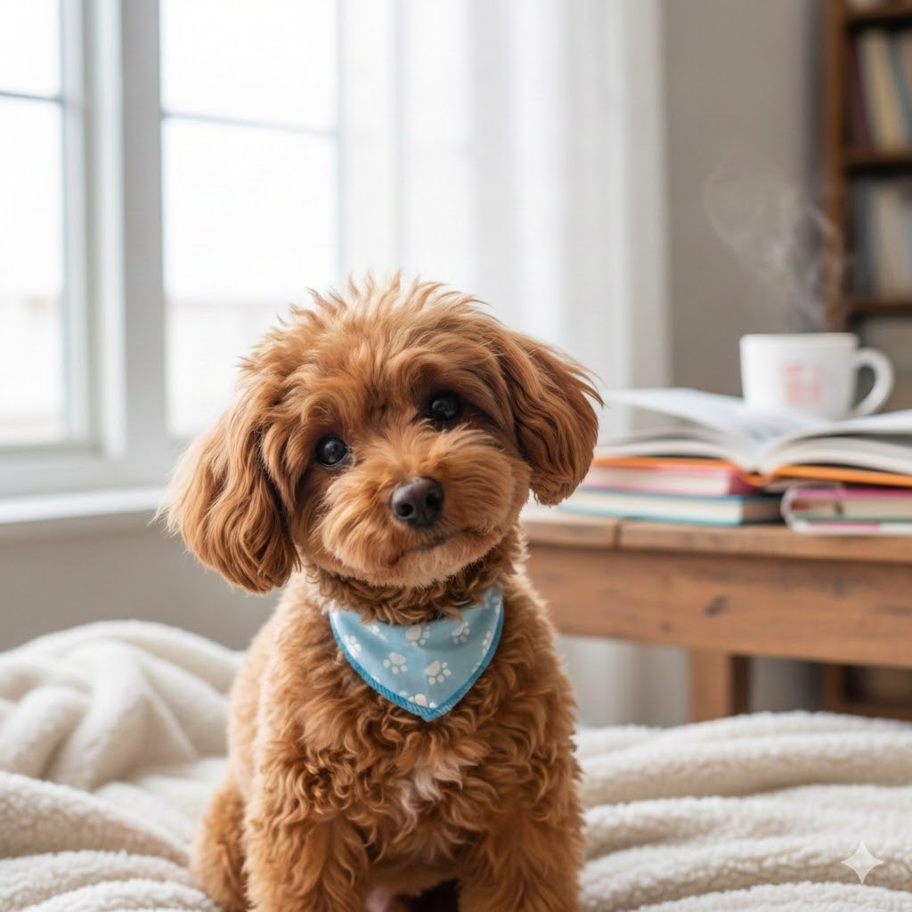 こちらを見つめる可愛いトイプードルの成犬（レッド）