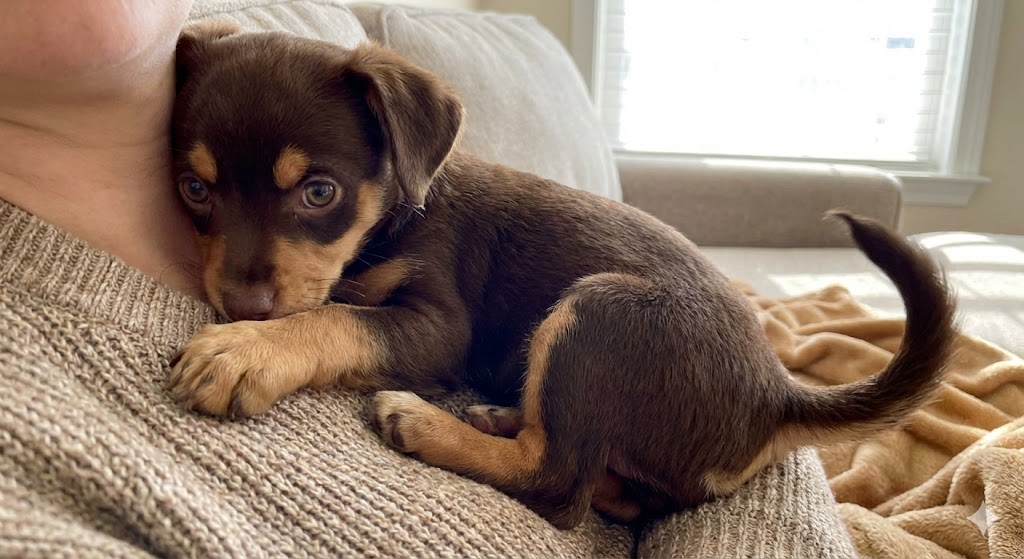 チョコタンカラーで飼い主に甘えるチワプー