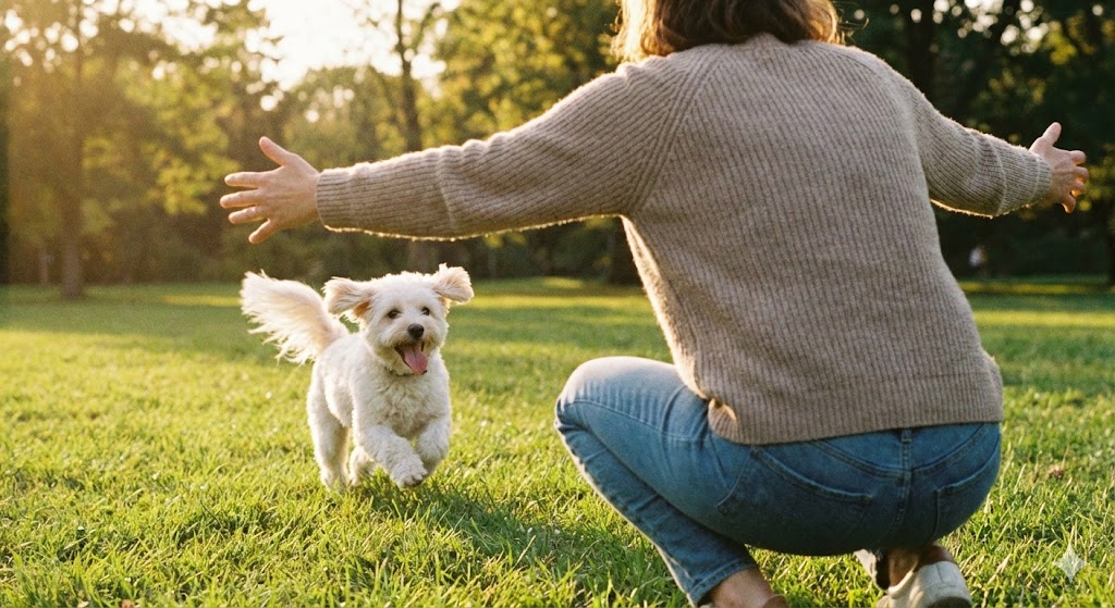 ホワイトカラーのチワプーが飼い主に嬉しそうに駆け寄っている