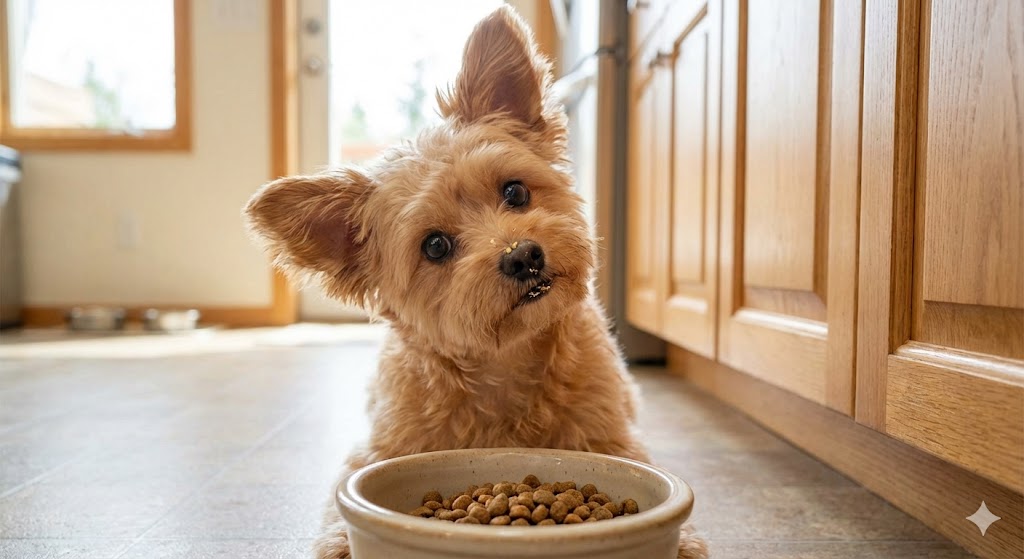 エサの前でキョトンと首をかしげるアプリコトカラーのチワプー