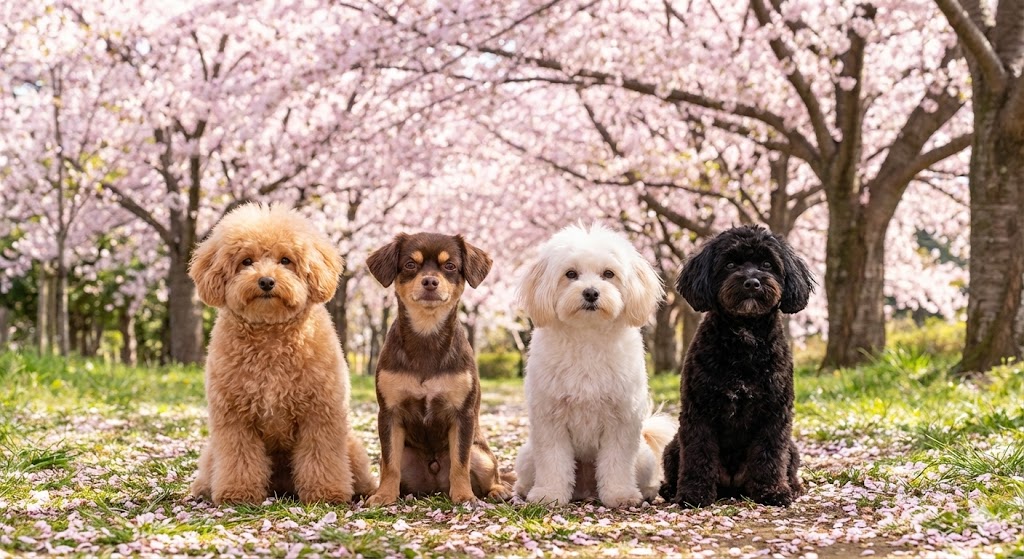 チワプー（テディベアカットのアプリコット、サマーカットのチョコタン、ライオンカットのホワイト、ラムチョップ風のブラック）４匹がサクラの木の前で並んでいる