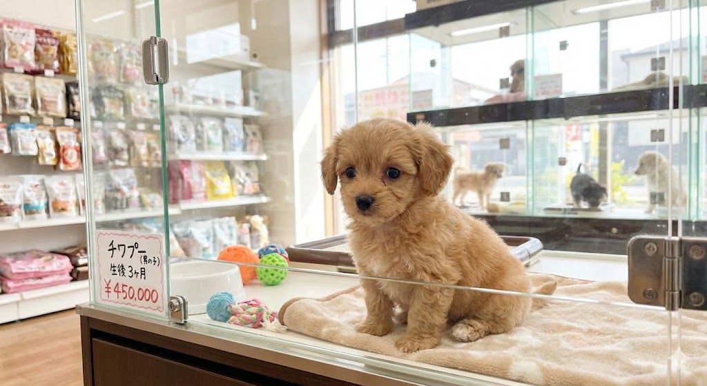 ペットショップにいるチワプー（アプリコット）