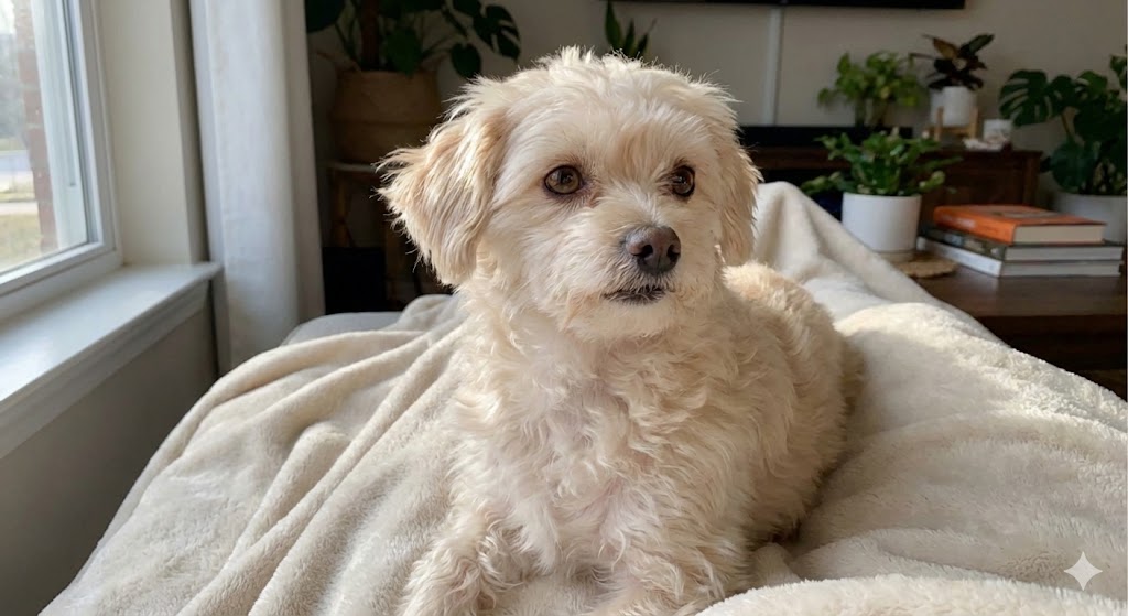 チワプー（ベージュ）がベッドの上に座っている