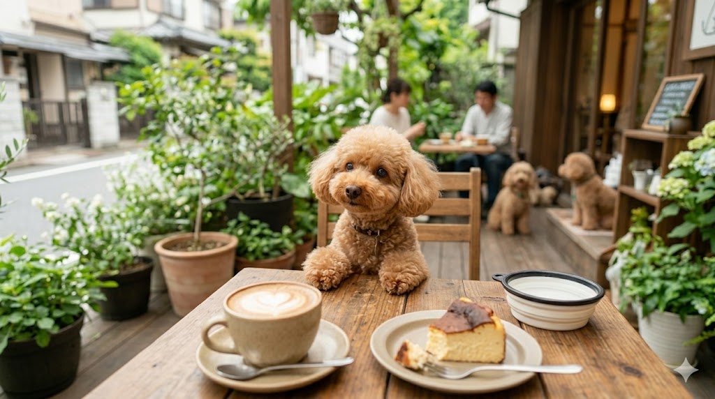 カフェのテラス席で手を乗っけるトイプードル