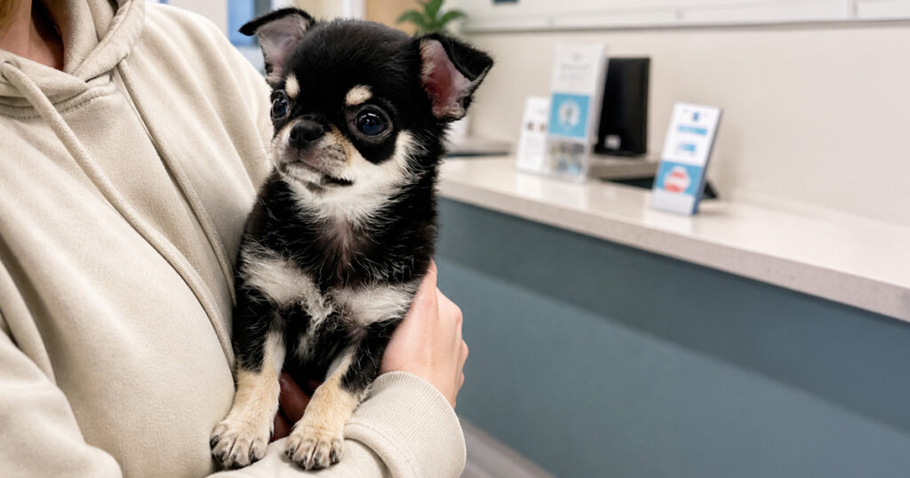 動物病院の受付で飼い主に抱っこされているチワワ